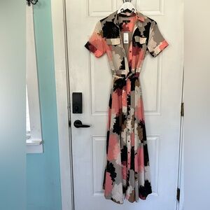 Banana Republic Coral, Beige & Black Floral Shirt Maxi Dress with Tie Waist